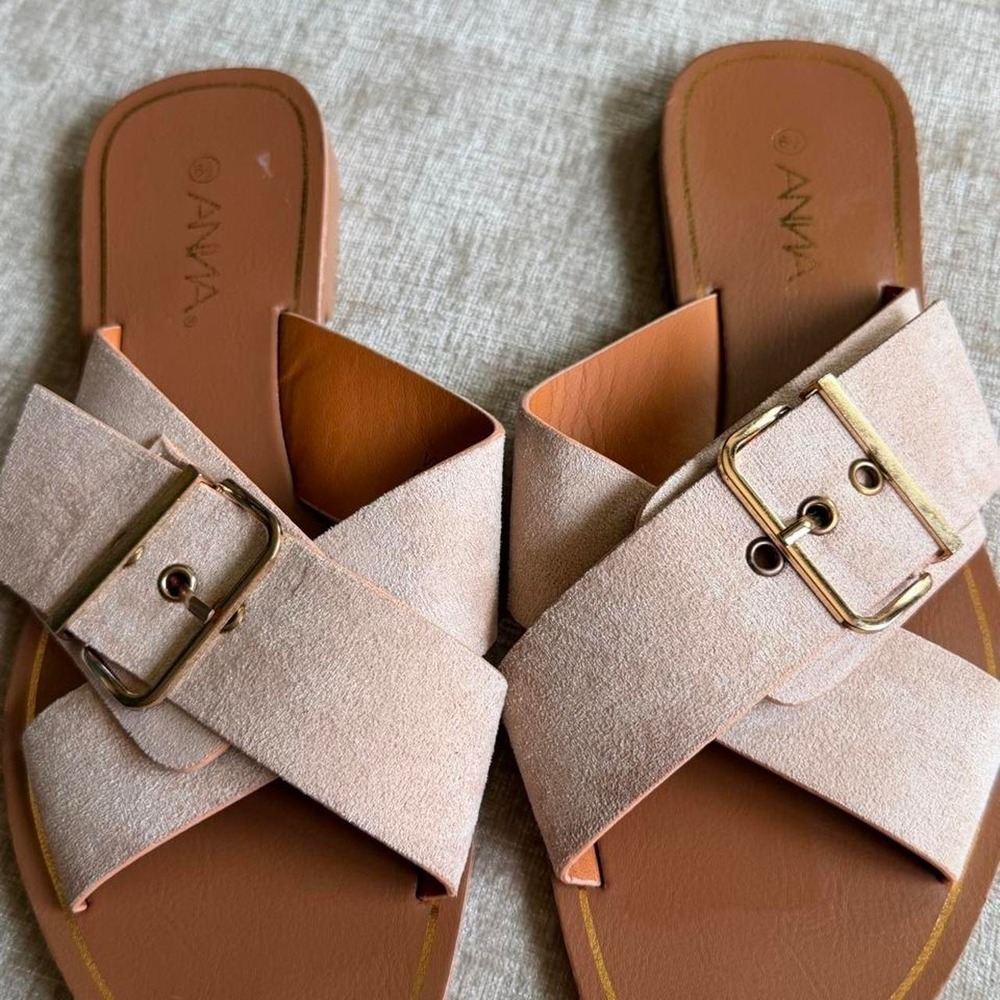ANNA Criss Cross Slide Sandals Square Toe Neutral Beige Size 6